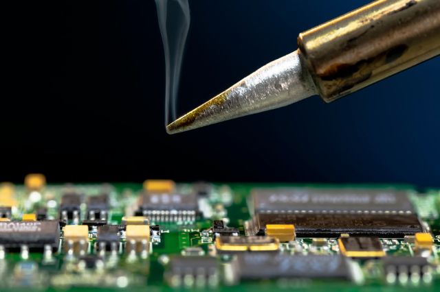 a hand soldering iron hovering just above a circuit board with smoke coming from the tip