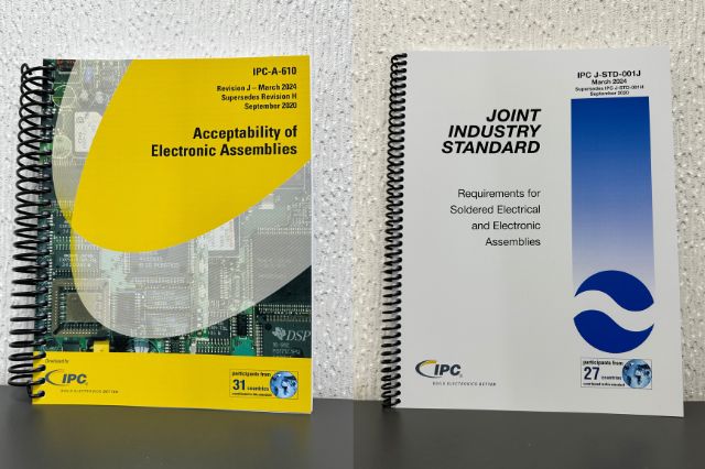 both the IPC-A-610 and IPC J-STD-001 standards books stood on a desk next to each other