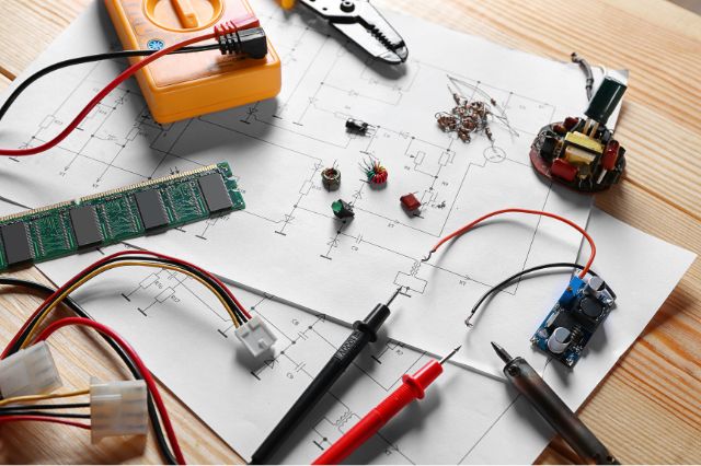 a desk showing items related to getting IPC CID certified such as a PCB design, components and wires