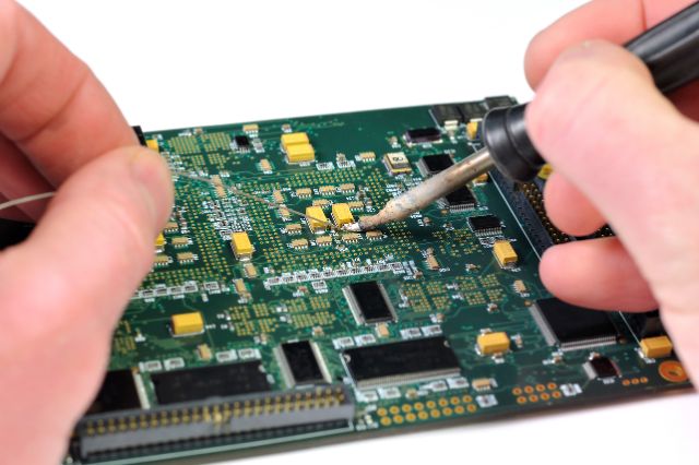 a close up of hands soldering on to a pcb without causing lamination