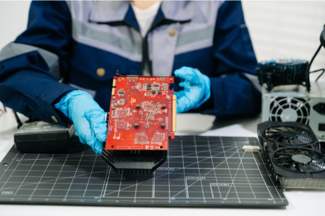 a man wearing gloves holding a red pcb to inspect it for faults